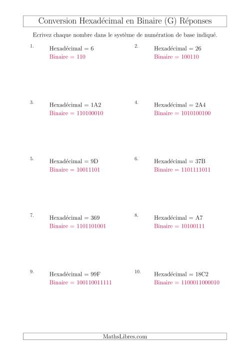 Conversion de Nombres Hexadécimaux en Nombres Binaires (G) page 2
