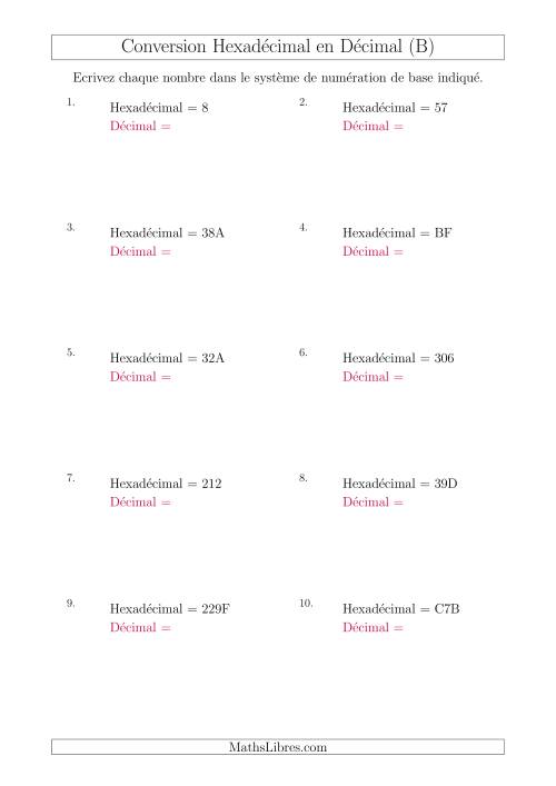 Conversion de Nombres Hexadécimaux en Nombres Décimaux (B)