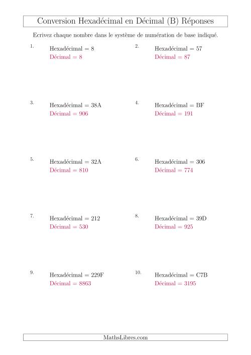 Conversion de Nombres Hexadécimaux en Nombres Décimaux (B) page 2