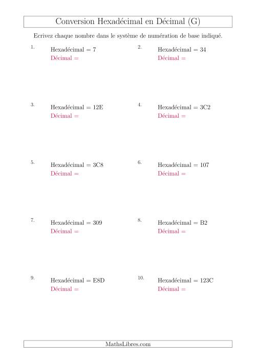 Conversion de Nombres Hexadécimaux en Nombres Décimaux (G)