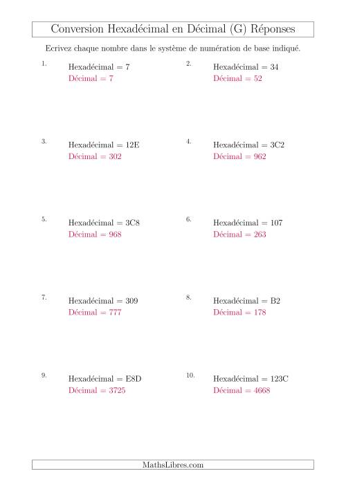 Conversion de Nombres Hexadécimaux en Nombres Décimaux (G) page 2