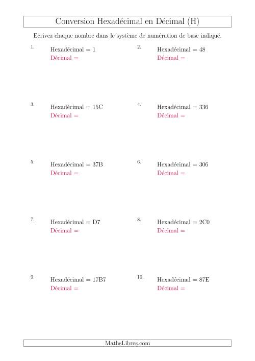 Conversion de Nombres Hexadécimaux en Nombres Décimaux (H)