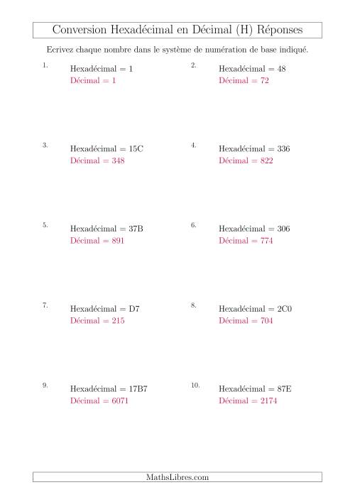 Conversion de Nombres Hexadécimaux en Nombres Décimaux (H) page 2