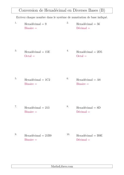 Conversion de Nombres Hexadécimaux en Divers Systèmes de Numération de Base (B)