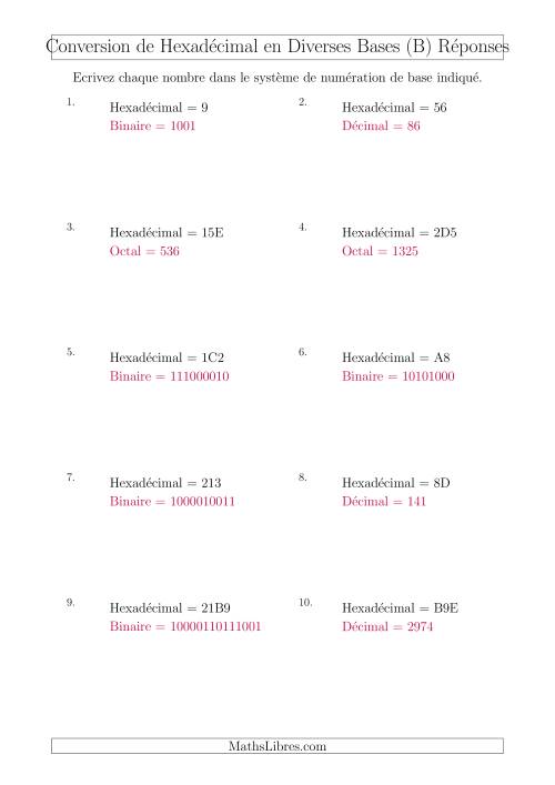 Conversion de Nombres Hexadécimaux en Divers Systèmes de Numération de Base (B) page 2