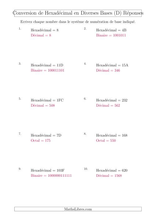 Conversion de Nombres Hexadécimaux en Divers Systèmes de Numération de Base (D) page 2