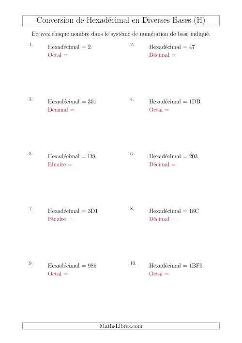 Conversion de Nombres Hexadécimaux en Divers Systèmes de Numération de Base (H)