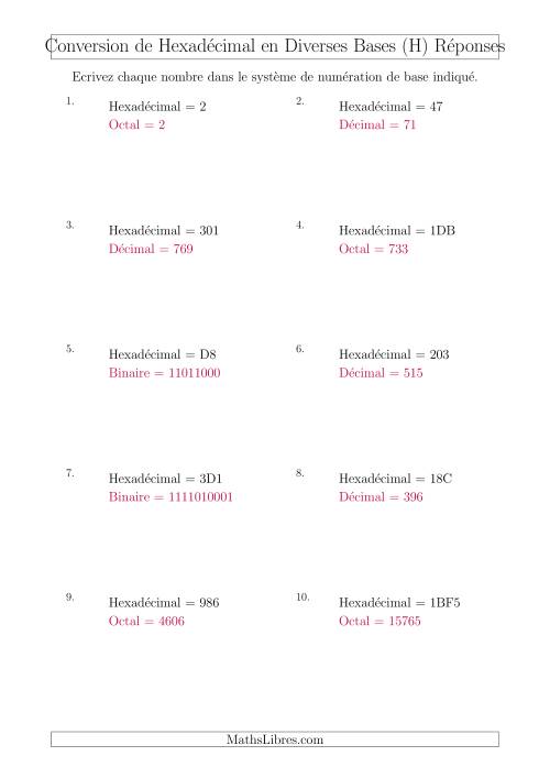Conversion de Nombres Hexadécimaux en Divers Systèmes de Numération de Base (H) page 2