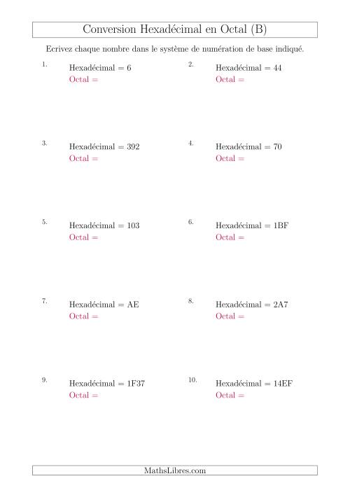 Conversion de Nombres Hexadécimaux en Nombres Octaux (B)