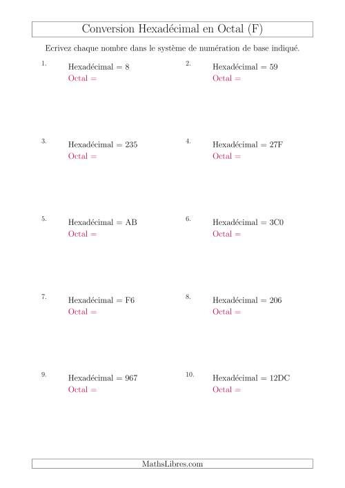 Conversion de Nombres Hexadécimaux en Nombres Octaux (F)