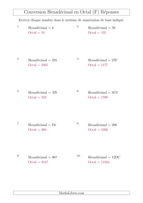 Conversion de Nombres Hexadécimaux en Nombres Octaux (F) page 2