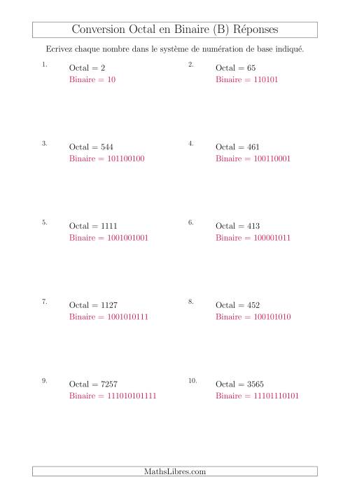 Conversion de Nombres Octaux en Nombres Binaires (B) page 2
