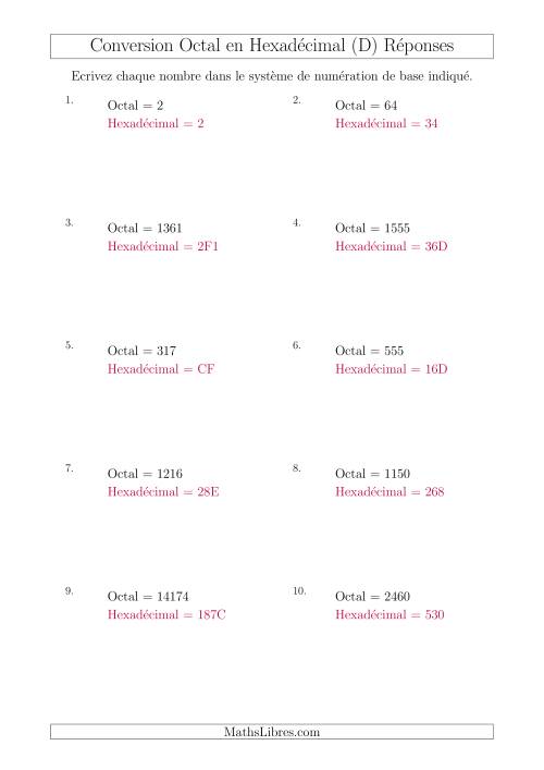 Conversion de Nombres Octaux en Nombres Hexadécimaux (D) page 2