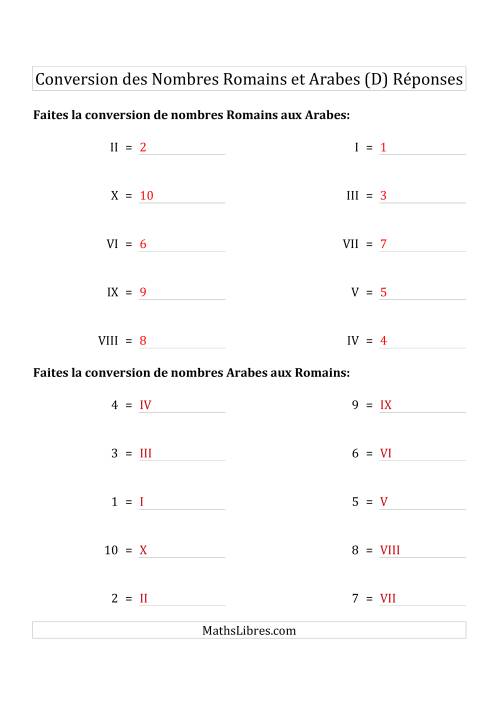 Conversion des Nombres Romains et Arabes Jusqu'à X (Format Compact) (D) page 2