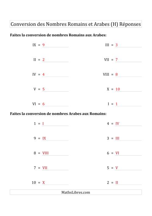 Conversion des Nombres Romains et Arabes Jusqu'à X (Format Compact) (H) page 2