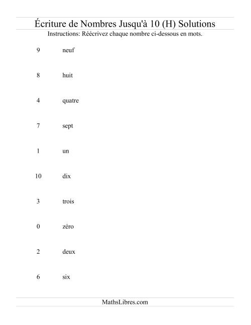 Nombres écrits jusqu'à 10 (H) page 2