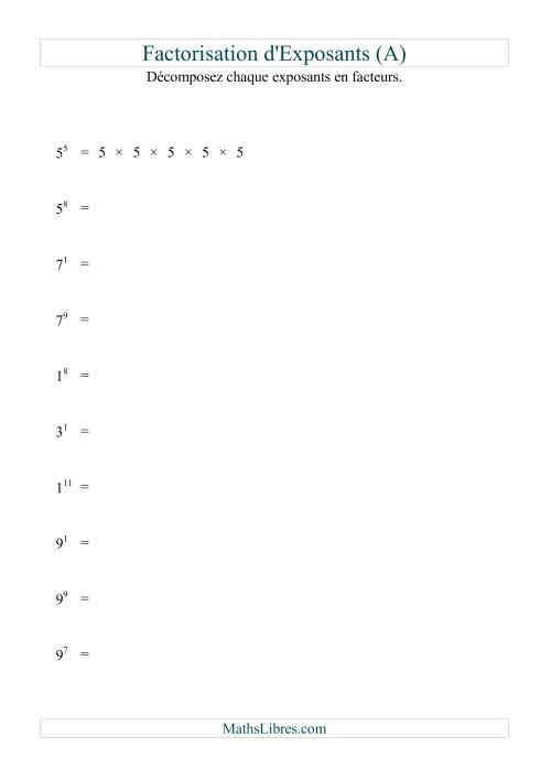Décomposition de nombres en facteurs premiers (base 1 à 9; exposant 1 à 12) (A)