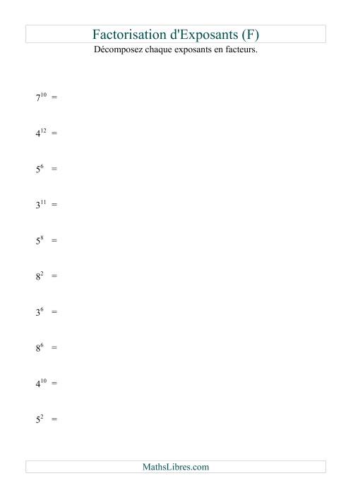 Décomposition de nombres en facteurs premiers (base 1 à 9; exposant 1 à 12) (F)