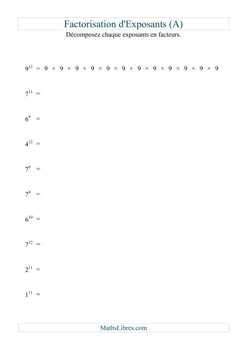 Décomposition de nombres en facteurs premiers (base 1 à 9; exposant 7 à 12) (A)