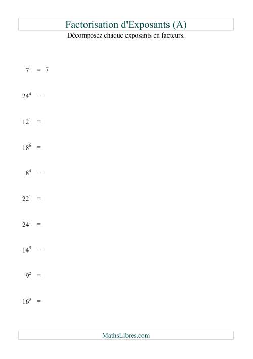 Décomposition de nombres en facteurs premiers (base 5 à 25; exposant 1 à 6) (A)
