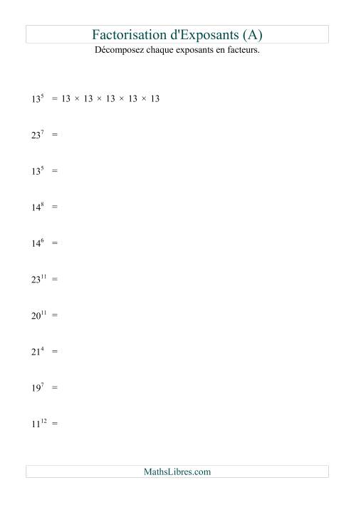 Décomposition de nombres en facteurs premiers (base 5 à 25; exposant 1 à 12) (A)