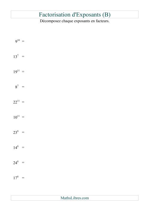 Décomposition de nombres en facteurs premiers (base 5 à 25; exposant 7 à 12) (B)