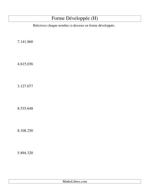 Écriture de nombres en forme dévoleppée 1.000.000 à 9.999.999 (version EU) (H)
