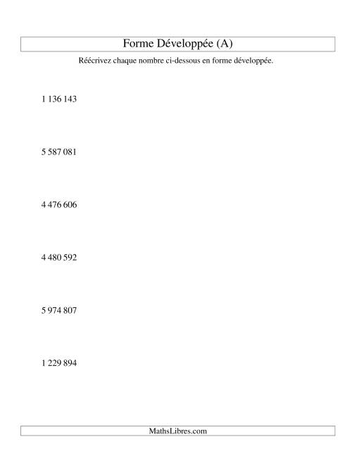 Écriture de nombres en forme dévoleppée 1 000 000 à 9 999 999 (version SI) (A)