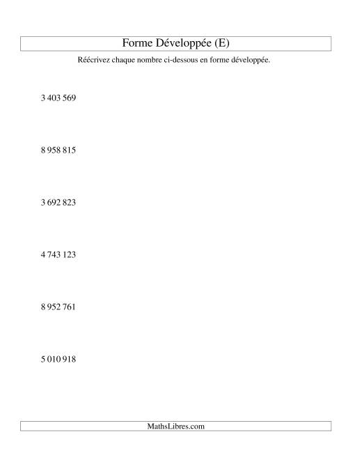 Écriture de nombres en forme dévoleppée 1 000 000 à 9 999 999 (version SI) (E)