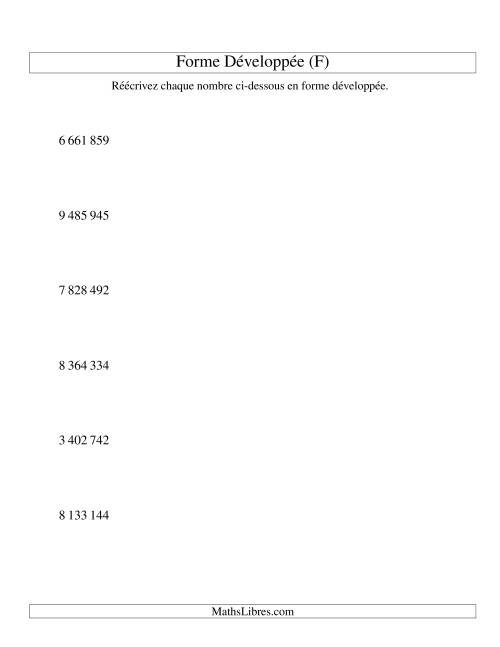 Écriture de nombres en forme dévoleppée 1 000 000 à 9 999 999 (version SI) (F)
