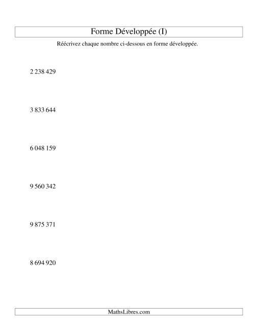 Écriture de nombres en forme dévoleppée 1 000 000 à 9 999 999 (version SI) (I)