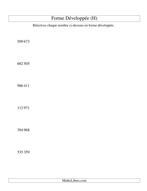 Écriture de nombres en forme dévoleppée 100 000 à 999 999 (version SI) (H)