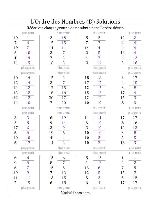 Classification en ordre des nombres entre 1 et 20 (D) page 2