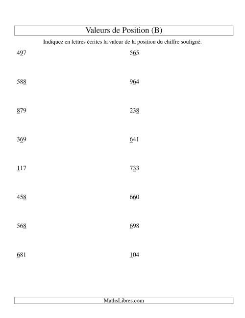 Valeurs de position (unités aux centaines) (B)