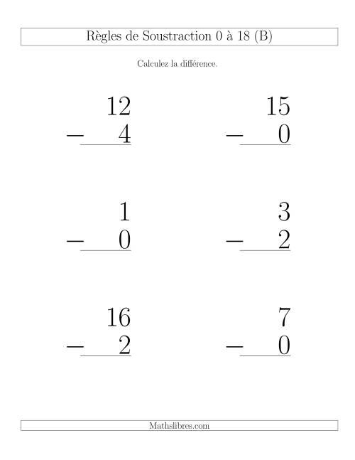 Règles de Soustraction 0 à 18 -- Verticale (6 par page) (B)