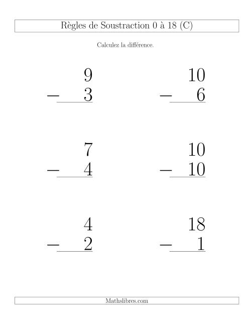 Règles de Soustraction 0 à 18 -- Verticale (6 par page) (C)
