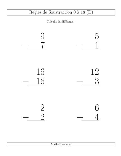 Règles de Soustraction 0 à 18 -- Verticale (6 par page) (D)