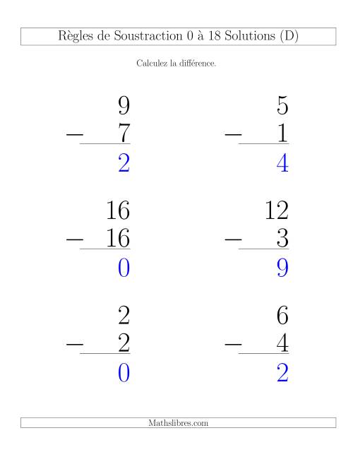 Règles de Soustraction 0 à 18 -- Verticale (6 par page) (D) page 2