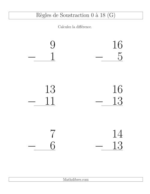 Règles de Soustraction 0 à 18 -- Verticale (6 par page) (G)