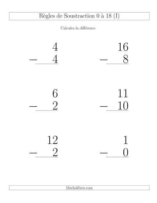 Règles de Soustraction 0 à 18 -- Verticale (6 par page) (I)