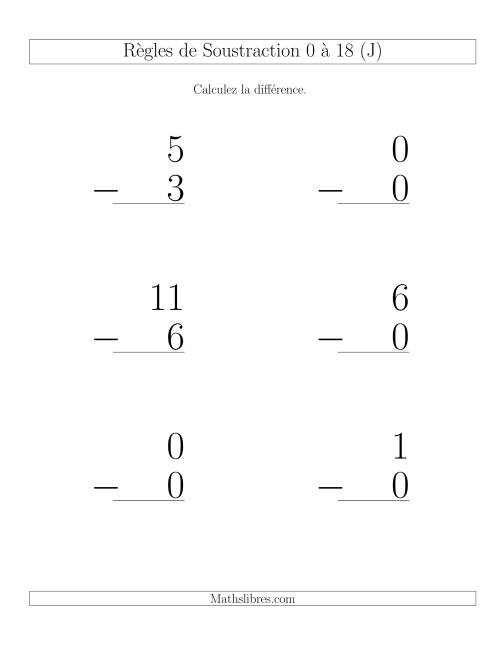 Règles de Soustraction 0 à 18 -- Verticale (6 par page) (J)