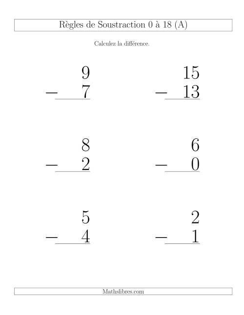 Règles de Soustraction 0 à 18 -- Verticale (6 par page) (Gros Caractères)