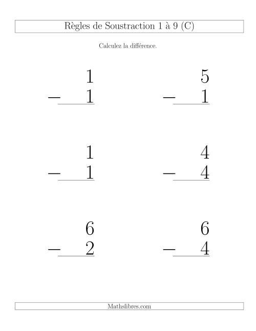 Règles de Soustraction 1 à 9 -- Verticale (6 par page) (C)