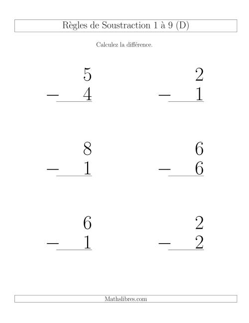Règles de Soustraction 1 à 9 -- Verticale (6 par page) (D)