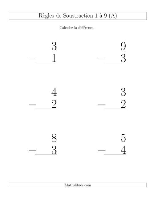 Règles de Soustraction 1 à 9 -- Verticale (6 par page) (Gros Caractères)