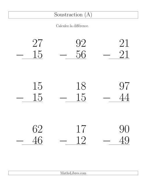 Soustraction de nombres à deux chiffres (quelques unes avec retenue) (Gros Caractères)
