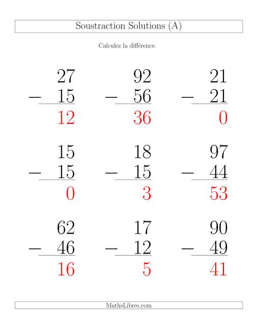 Soustraction de nombres à deux chiffres (quelques unes avec retenue) (Gros Caractères) page 2