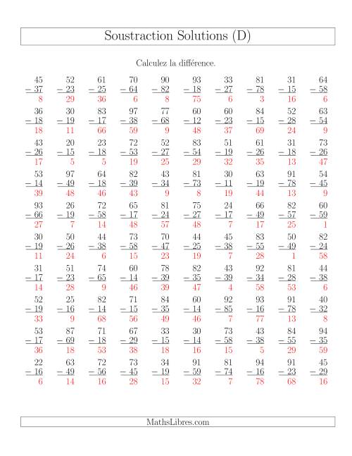 Soustraction de nombres à deux chiffres (toutes avec retenue) (D) page 2