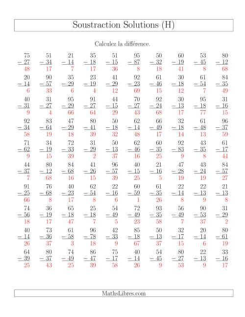 Soustraction de nombres à deux chiffres (toutes avec retenue) (H) page 2