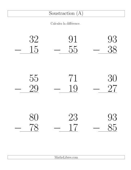 Soustraction de nombres à deux chiffres (toutes avec retenue) (Gros Caractères)